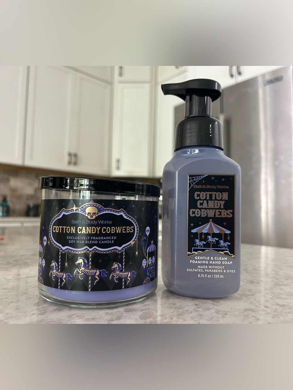 “New”Bath & Body Works Cotton Candy Cobwebs 3 Wick Candle & Foaming Hand Soap